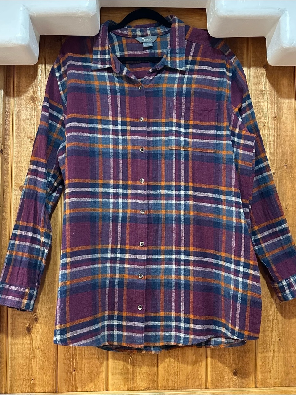 Natural Reflections Red Orange Flannel Tunic Shirt Top Sz 1X Plaid Relaxed Fit